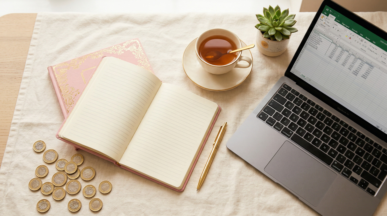 Cosy workspace with notebook, tea, laptop and pound coins — the side hustle lifestyle